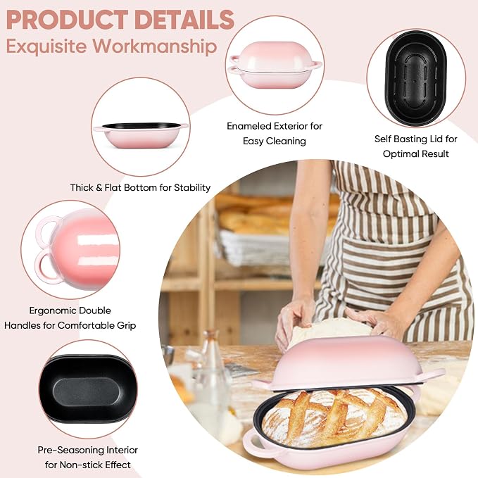 TeamFar Enameled Cast Iron Bread Loaf Pan, 2 QT Oval Dutch Oven with Lid | for Sourdough Bread Baking, Enameled Meatloaf Loaf Baking Pan with Lid, Even Heat Distribution & Self-Basting, Pink