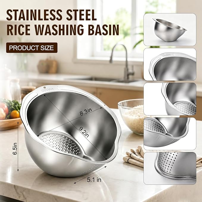 Palksky Rice Strainer & Rice Washing Bowl Stainless Steel - 5.6 Qt Professional Fine Mesh Rice Washer for Kitchen - Heavy Duty Rice Rinser, Cleaner & Drainer Colander for Quinoa, Grains & Fruit