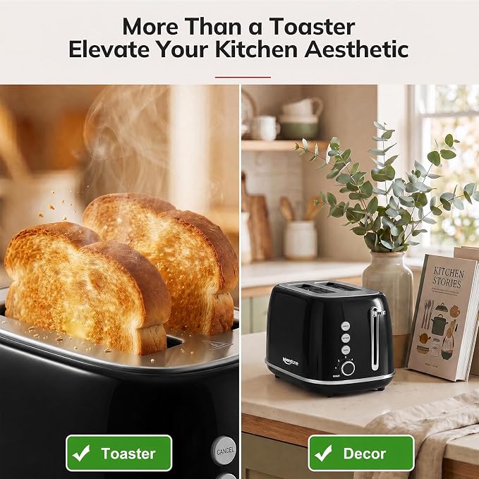 2 Slice Retro Stainless Steel Toaster with Bagel, Cancel, Defrost Function and 6 Bread Shade Settings Bread Toaster, Extra Wide Slot and Removable Crumb Tray (Black)