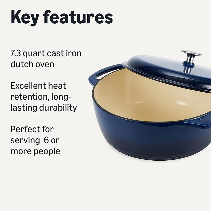 Amazon Basics Enameled Cast Iron Dutch Oven Pot with Lid, Round, Dual Handles, Heavy-Duty, Oven Safe for Stews, Roasting, Baking, 7.3-Quart, Navy