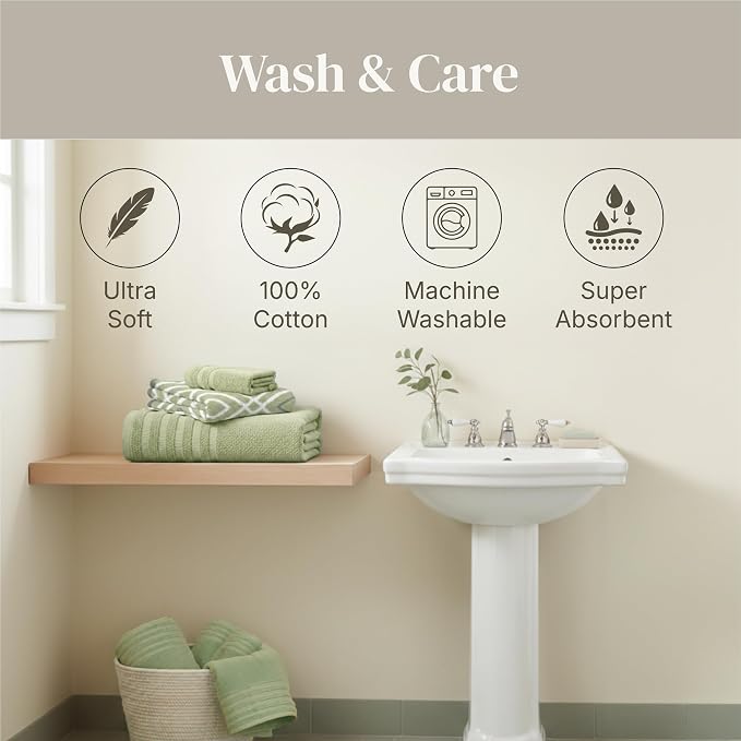 Modern Threads 6 Piece Bath Towel Set – Bathroom Set with 2 Bath Towels, 2 Hand Towels, and 2 Wash Cloths – 100% Cotton, Super Absorbent & Extra Soft – Reversible Classic Diamond (Sage Green)