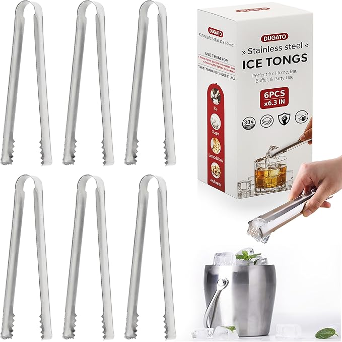 Cocktail Ice Tongs, 6-Pack Stainless Steel Bar Tongs, 6.3 In | Serrated Grip Teeth, Compact Handheld Size, Food-grade Serving Tool for Ice Buckets & Drink Stations, Olives & Garnishes