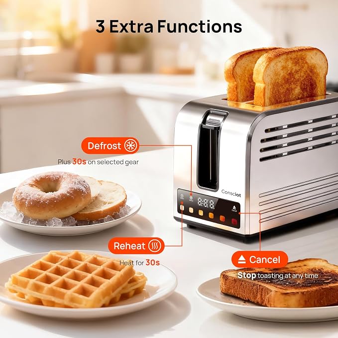 Consciot Smart Touch Screen 2 Slice Toasters with 6 Browning Levels, Timer | Reheat/Defrost/Cancel, Extra-Wide Slots, Removable Crumb Tray, Auto Pop-up & Anti Jam, Peak 925W, Full Stainless Steel Body