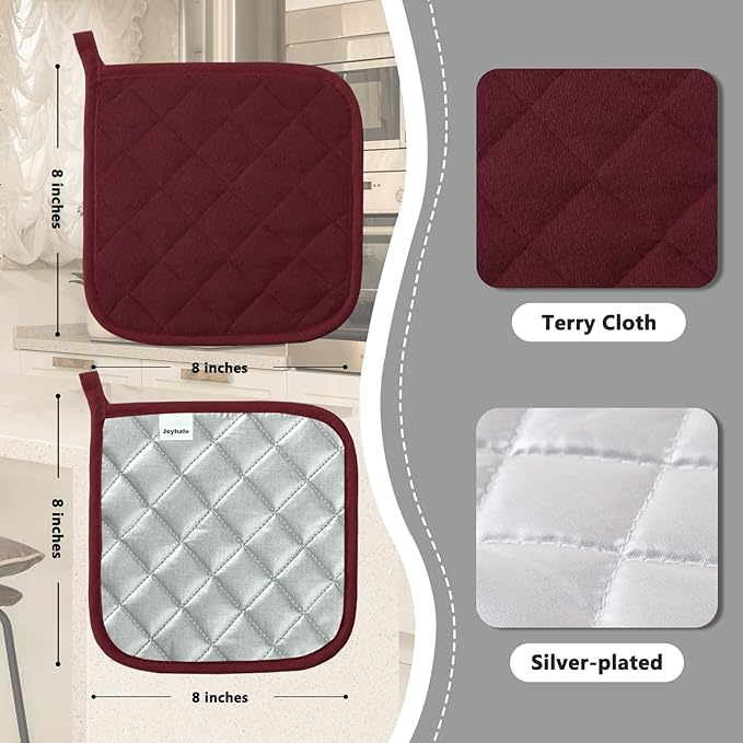 Joyhalo 4 Pack Pot Holders for Kitchen Clearance | Cotton Oven Holder with Great Heat Resistance, Potholders Sets for Kitchen, Countertops, Hot Pots and Pans, Dark Red