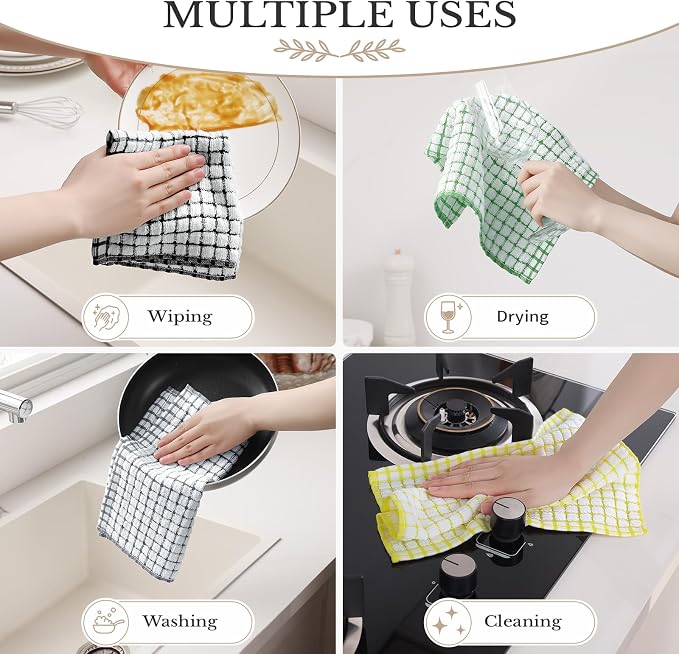 Homaxy 12 Pack Terry Kitchen Dish Cloths, 12"x12", Black/Grey/Green/Yellow | Super Soft and Absorbent Dish Rags, Quick Drying Reusable Dish Towels for Washing Dishes
