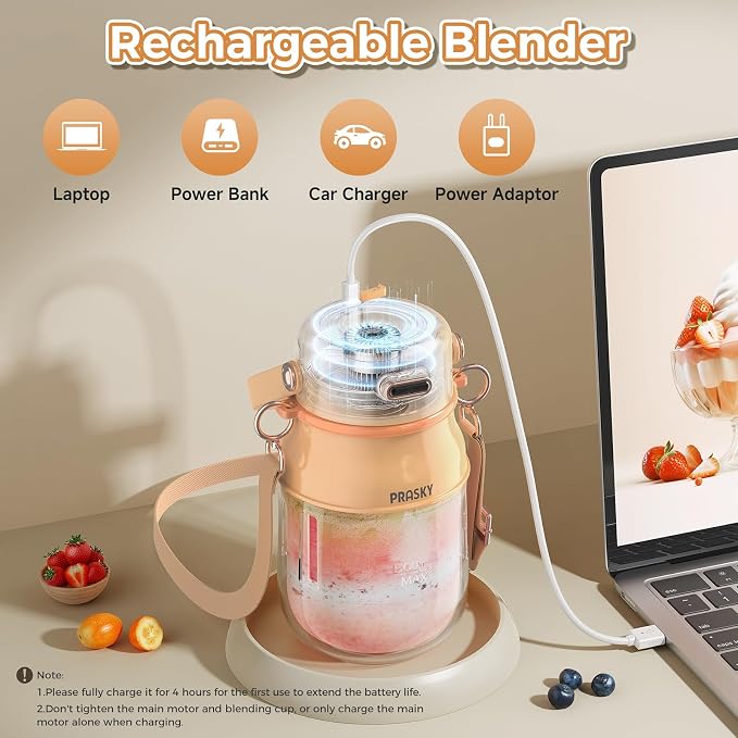 Portable Blender, Personal Blender for Shakes and Smoothies with 27oz Cup, Lid and Shoulder Strap, Type-C USB Rechargeable, BPA-Free for Travel/Kitchen (Light Orange)
