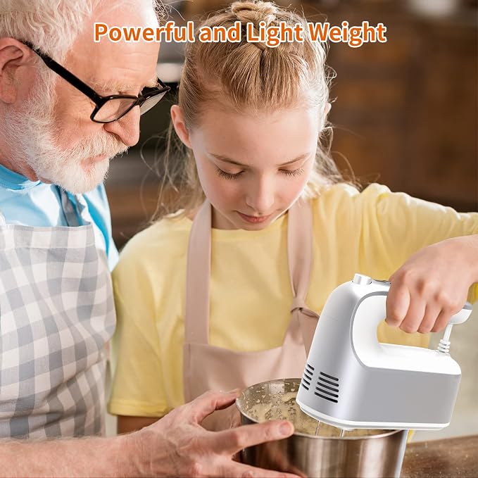 Yomelo 9-Speed Digital Hand Mixer Electric, 400W Powerful DC Motor, Hand Mixer Electric Handheld with Snap-On Storage Case, 5 Stainless Steel Accessories, Beaters, Dough Hooks, Whisk(Silvery White)
