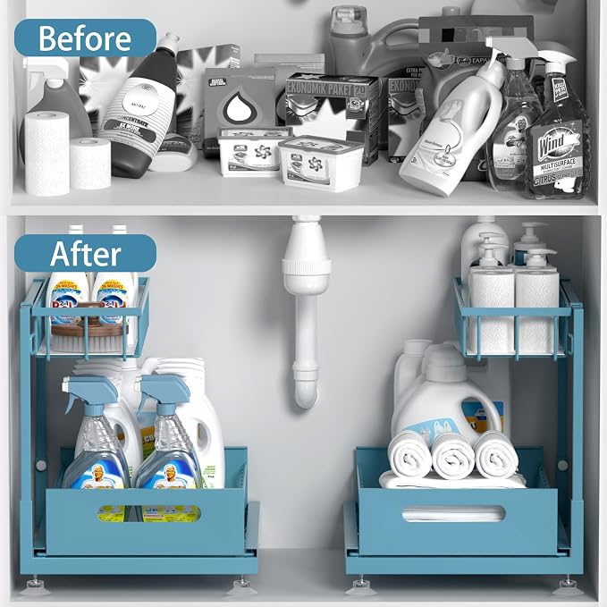 L-Shaped Under Sink Organizer, 2-Tier Pull-out Cabinet Rack 1-Pack | Teal Height-Adjustable Steel Rack, Sliding Grid Drawers with PP Liners, Holds 100 Lbs, Suction Base, Ideal Kitchen Storage