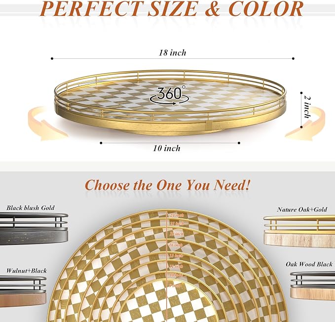Gold and White Checkerboard Lazy Susan with Rubberwood Base and Metal Rail | Smooth rotating oak tray with walnut finish for dining tables, kitchen counters, pantries and cabinet storage.