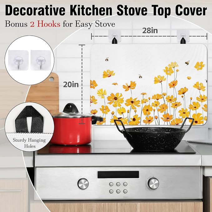 Spring Summer Glass Stove Top Covers for Electric Stove,Yellow Flowers Floral Bee Farmhouse Heat Resistant Cooktop Protector Non-Slip Washable Dish Drying Mat Rug Pad for Kitchen Decor 28"x20"