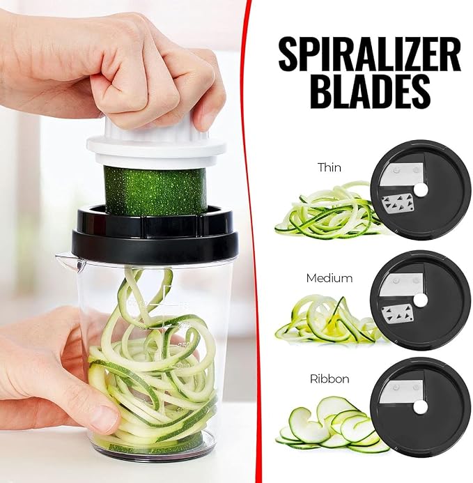 Fullstar Vegetable Spiralizer & Slicer, Veggie Noodle Maker Kitchen Gadget | 8 in 1 Compact Vegetable Slicer & Zucchini Noodle Maker with Sharp Stainless Steel Blades & A Safety First Design