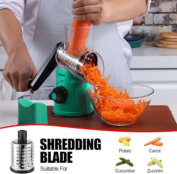 Geedel Rotary Cheese Grater Hand Crank, Cheese Shredder Vegetable Slicer | 3 Blades, 430 Stainless Steel, 12x Fast Cutting, Strong Suction Base, No BPA, Dishwasher Safe, for Cheese, Veggie, Nut
