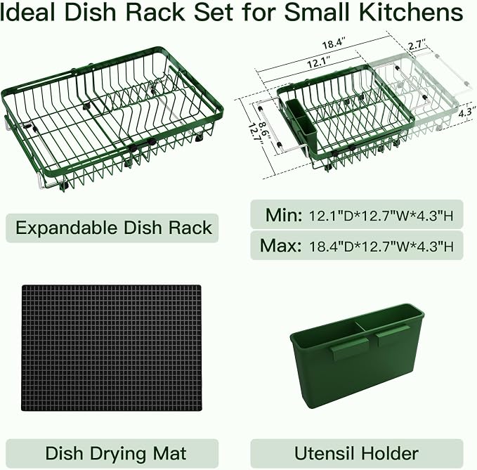 Green Dish Drying Rack Over The Sink with Utensil Holder, Mat | Expandable Stainless Steel Dish Drainer for Small Kitchen, Apartment, RV, Counter Space Saving, Perfect Fit, Rustproof