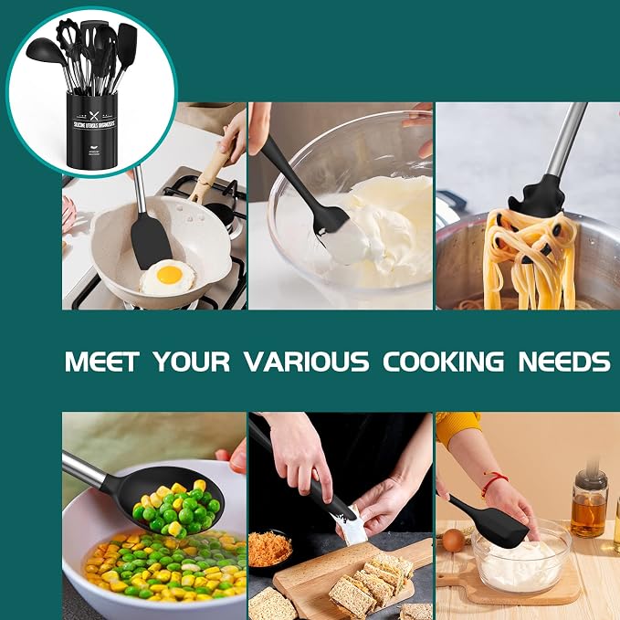 Silicone Cooking Utensil Set, Umite Chef 15pcs Silicone Cooking Kitchen Utensils Set, Non-stick - Best Kitchen Cookware with Stainless Steel Handle - Black Kitchen Utensils