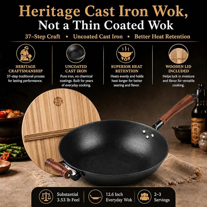 WANGYUANJI 12.6 Inch Cast Iron Wok with Wooden Lid, Handcrafted Flat Bottom Chinese Stir Fry Pan, Uncoated Heavy-Duty Iron Wok for Induction, Gas, Electric & Ceramic Stoves | Uncoated cast iron wok with wood lid for induction, gas and electric stoves; ...