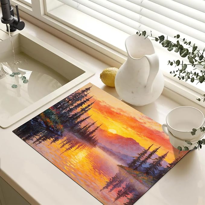 HOMETITUTE Spring Stove Top Covers for Electric Stove 28x20 Inches Sunset Lake Pine Forest Heat Resistant Glass Cooktop Protector Pad Decorative Stovetop Cover for Kitchen Coffee Bar Decor