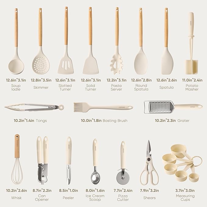 CAROTE 22-Piece Cooking Utensils Set with Wood Cool-Touch Handles, Cream | Silicone Kitchen Utensil, Food Grade, Nonstick Cookware Friendly, BPA-Free, Heat-Resistant, Everyday Home Essentials, Gifts