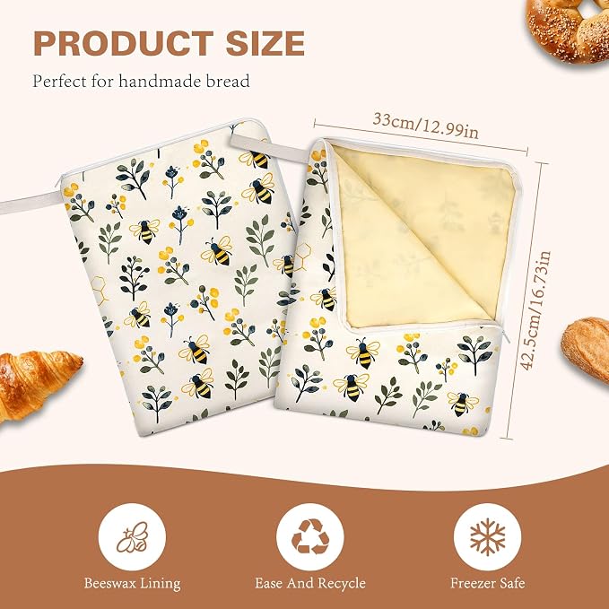 2 Packs Wide Zipper Beeswax Bread Bags for Sourdough With Sealing | XL Large Capacity Reusable Beeswax Linen Cotton Sourdough Bag for Bread Freshness