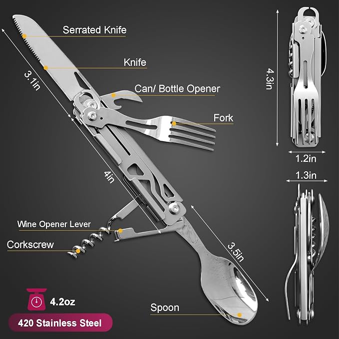 6-in-1 Camping Utensils Set with Case Folding Fork Spoon Knife | Detachable Travel Pocket Cutlery Combo, Portable Flatware with Wine Bottle Can Opener for Picnic Outdoor, 420 Stainless Steel