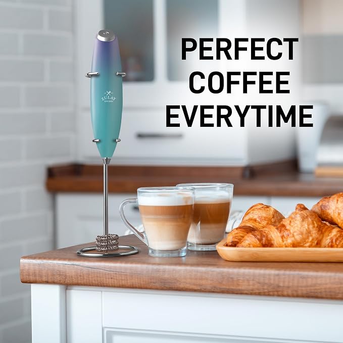 Zulay Kitchen Powerful Milk Frother Wand With Duracell Batteries - Ultra Fast Handheld Drink Mixer - Electric Whisk Foam Maker for Coffee, Lattes, Cappuccino & Matcha - Double Whisk - Purple Teal Fade