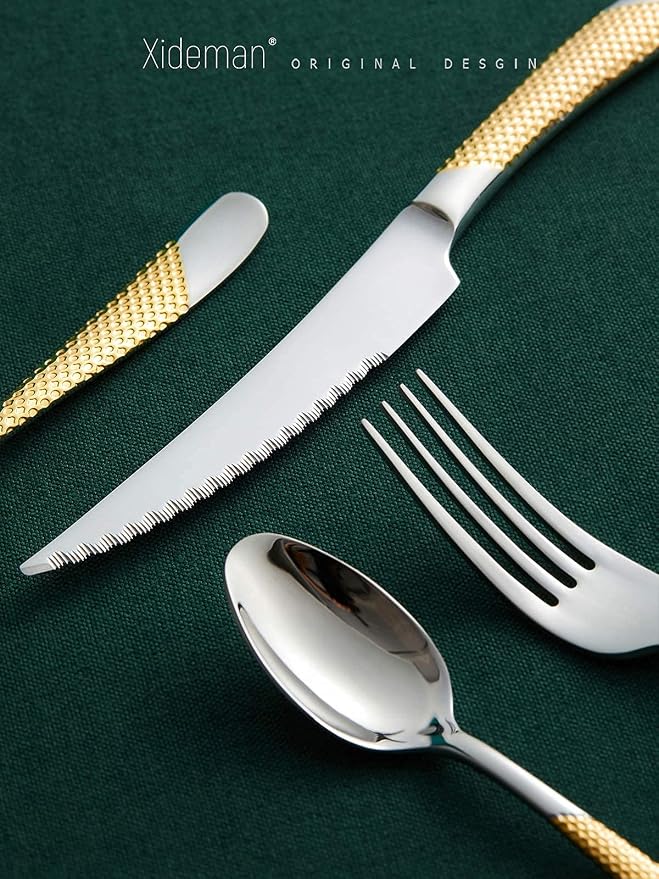 Xideman® 16-Pc Gold Silver Hammered 18/10 Stainless Steel Silverware Set | Ultra Sharp 2-IN-1 Serrated Knives, Ergonomic Non-Slip Handles, Service for 4, Rust Resistant, Dishwasher Safe