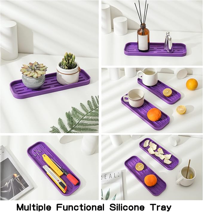 MicoYang Silicone Kitchen Sink Organizer Tray for Multiple Usage,Eco-Friendly Sponges Holder for Kitchen Bathroom Counter or Sink,Dish Soap Dispenser,Scrubber,Bottle,Cup (Purple, 12"×4")