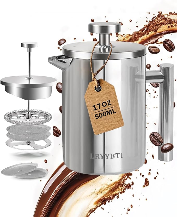 French Press Coffee Maker, Stainless Steel, Silver, 17 OZ | with scale lines，2 Extra Filters