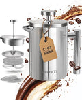 French Press Coffee Maker, Stainless Steel, Silver, 17 OZ | with scale lines，2 Extra Filters
