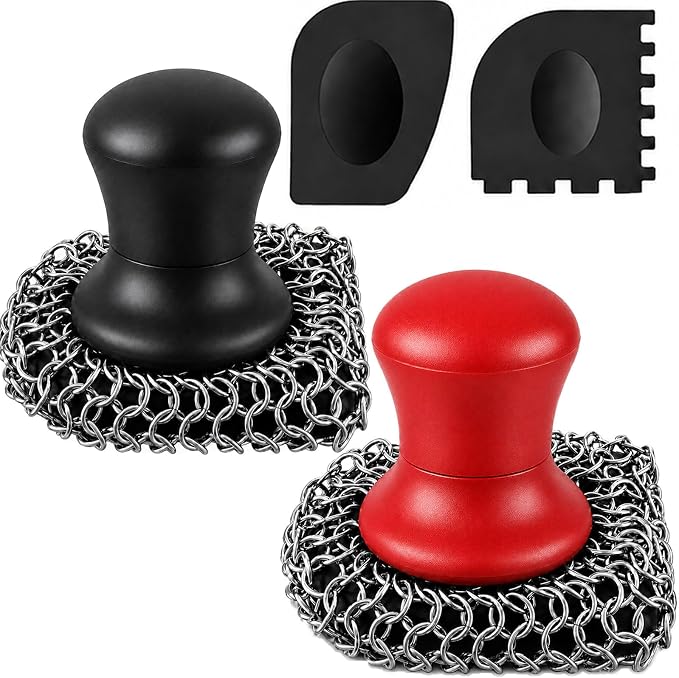 Cast Iron Scrubber and Scraper | 316 Chainmail Scrubber for Cast Iron Pan | Chain Mail Scrubber for Cast Iron Skillet Cleaner | Dishes Pots Wok Griddle Grill | Black + Red 1