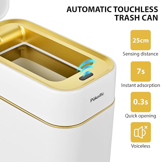 Pukomc 2.3 Gallon / 9L Automatic Adsorption Sensor Trash Can | White Gold Motion Sensor Garbage Bin with Suction, Slim Fashionable Design for Kitchen, Bathroom, Office & Small Space