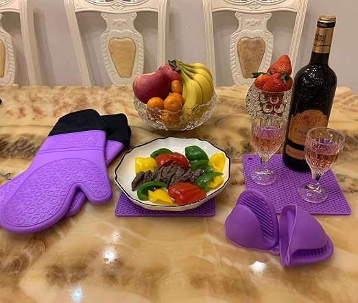 6pcs Silicone Oven Mitts and Pot Holders Sets for Kitchen, Purple | 500°F heat resistant, cotton lining, honeycomb non-slip texture, 15-inch forearm protection, baking cooking gloves