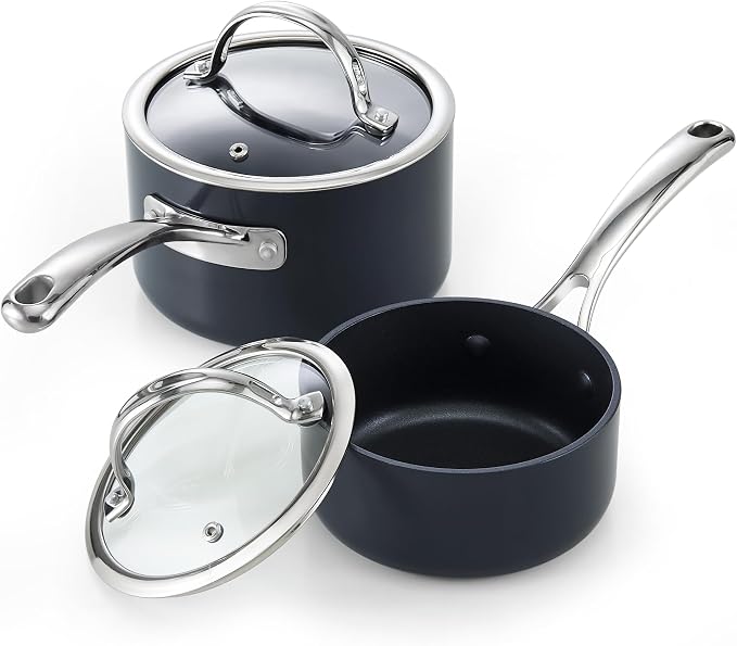 Cooks Standard Classic 1 Quart and 2 Quart Nonstick Saucepan Set with Glass Lids, Hard Anodized Non Stick Sauce Pans, Small Kitchen Cooking Sauce Pots Mini Milk Pans, Dishwasher Safe Cookware, Black