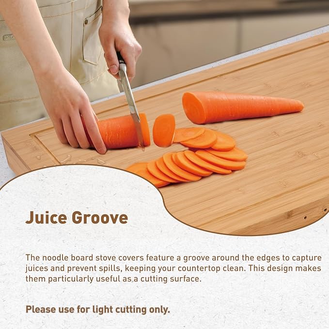Buruis Bamboo Stove Cover for 28.82 x 20.83 Inch Gas & Electric Stoves | Noodle Board Design with Juice Groove, Extra Counter Space, Built-In Handles, Multi-Purpose Kitchen Serving Board