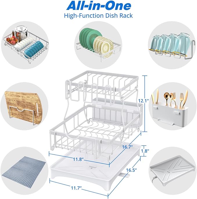 2-Tier Dish Drying Rack - Dish Rack with Auto Drain-to-Sink & Mat | Dish Racks for Kitchen Counter, Dish Drainer with Knife Fork & Cup Rack, Gifts for Women, Mothers Day, Kitchen Gadgets, White