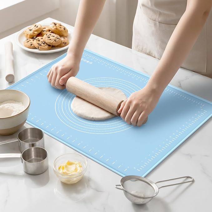 24x16 Silicone Rolling Mat Non-Stick Food Grade Baking Mat w/Measurements | Non-slip edges, heatproof silicone, nonstick, measuring guides, oven/dishwasher safe, tearproof, easy clean.
