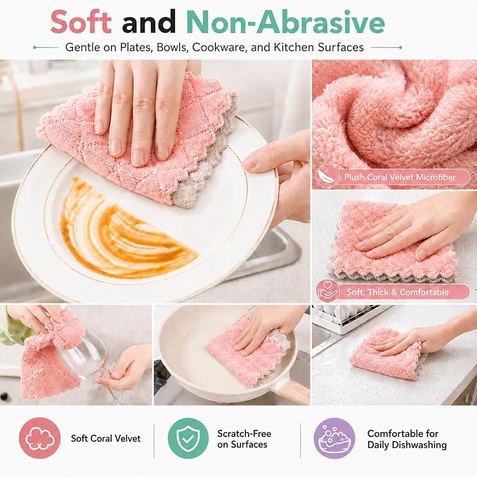 kimteny 12 Pack Dish Cloths for Washing Dishes | Super Absorbent Microfiber Kitchen Dish Rags, Fast Drying Coral Velvet Dish Cloths for Kitchen Counter and Dishes, Pink-Grey