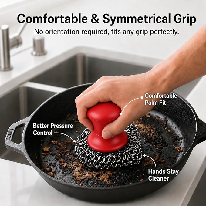Cast Iron Scrubber and Scraper | 316 Chainmail Scrubber for Cast Iron Pan | Chain Mail Scrubber for Cast Iron Skillet Cleaner | Dishes Pots Wok Griddle Grill | Dish Scouring Pad Dishwasher Safe, Red1