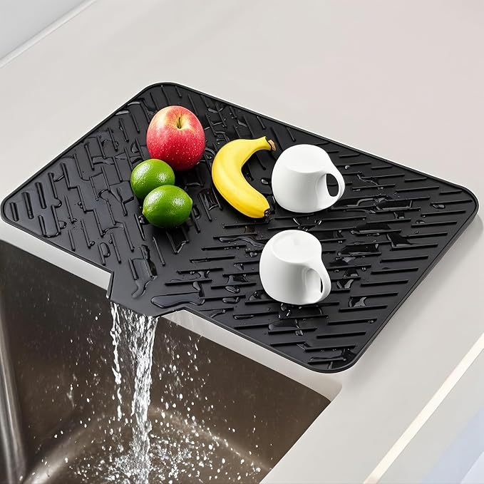 Silicone Dish Drying Mat for Kitchen Counter, 23" x 17" Black-1pcs | Heat Resistant & Non-Slip Dish Drain Pad with Built-In Drain, Quick-Dry, Hangable & Roll-Up for Storage，Multi-Functional Use