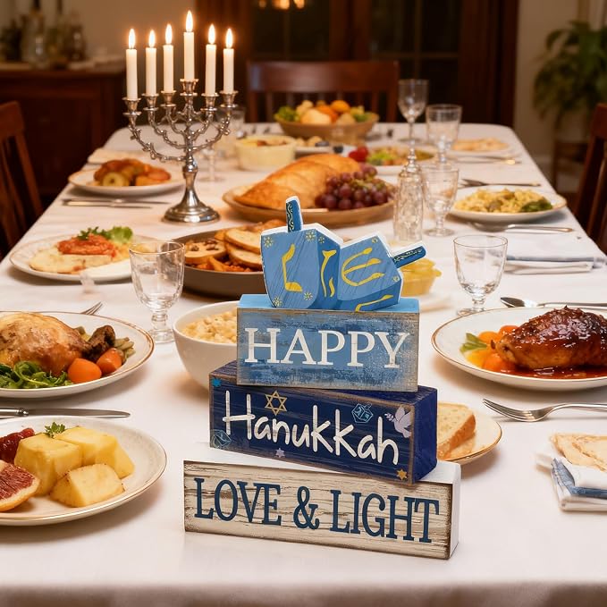 Lineshading 4 Pcs Wooden Hanukkah Decor Farmhouse Blocks with Dreidel | Tiered Tray Display, Rustic Tabletop Signs with HAPPY LOVE LIGHT Text, Home Shelf Decorations, Jewish Holiday Gift