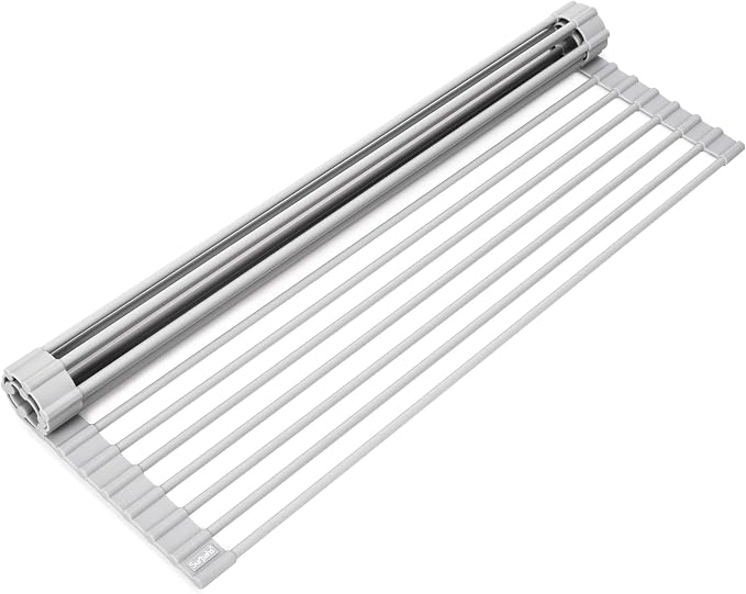 20.5 x 13.1 Inch Roll-Up Dish Drying Rack, Fits Across Sink Openings up to 19.5 Inches, Heavy-Duty Premium Silicone, Strong Support, Non-Slip, Heat-Resistant, Warm Gray