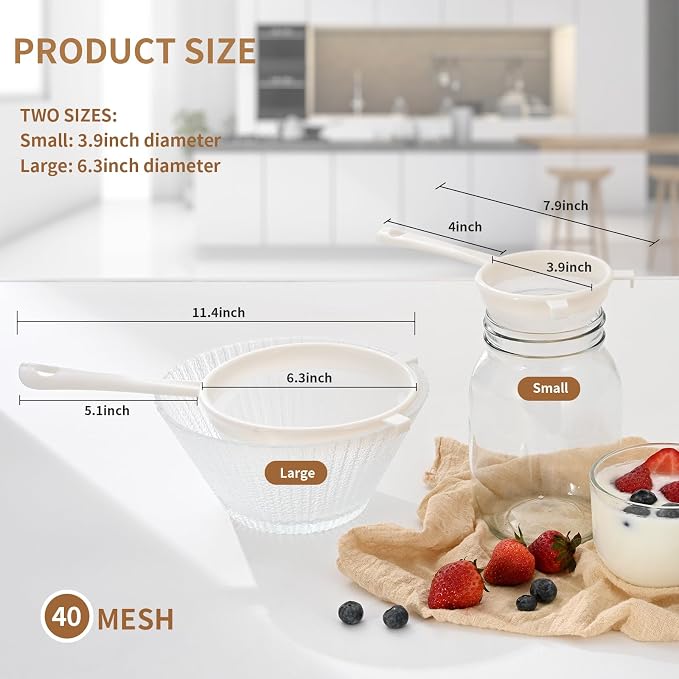 Luckyiren Kefir Strainer Set, 2-Size Plastic Non-Metal Sieve with Fine Mesh | 6.3" & 3.9" Diameter Double-size for Kefir Grains, Milk Kefir, Water Kefir & Kombucha - Durable, Food Grade & Easy Clean