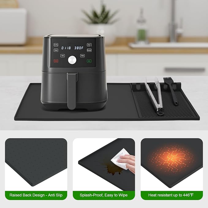 Boribim 24x16 Inch Silicone Mat for Kitchen Counter, Heat Resistant Mat for Countertop - Kitchen Countertop Organizers and Storage Essentials - Air Fryer Mat for Microwave, Oven, Coffee Maker (Black)