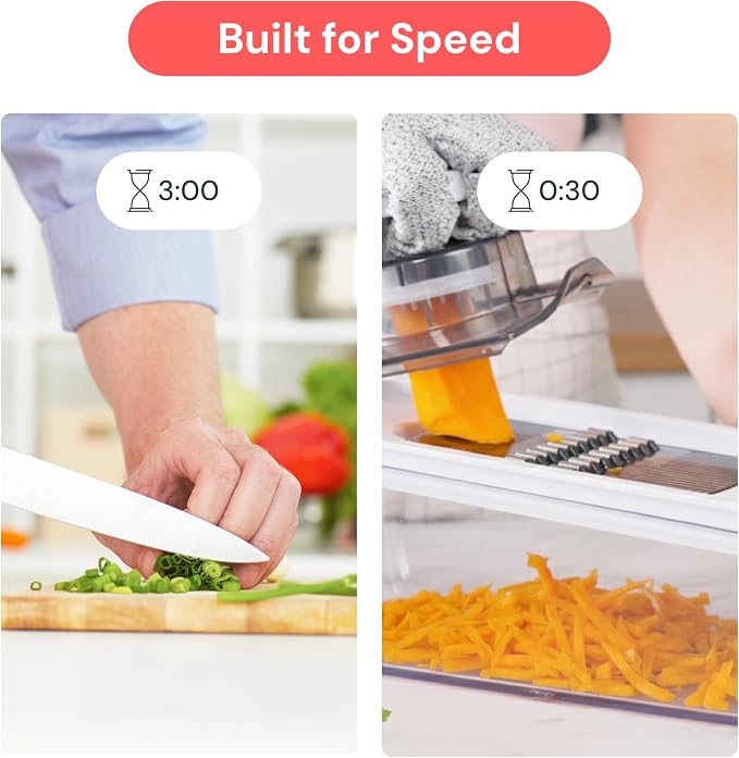 Fullstar Pro Mandoline Vegetable Slicer, Grater & Spiralizer with Container | 6 in 1 Fruit Cutter, Cheese Grater & Spiralizer with Safety Gloves, Stainless Steel Blades & Container (White)