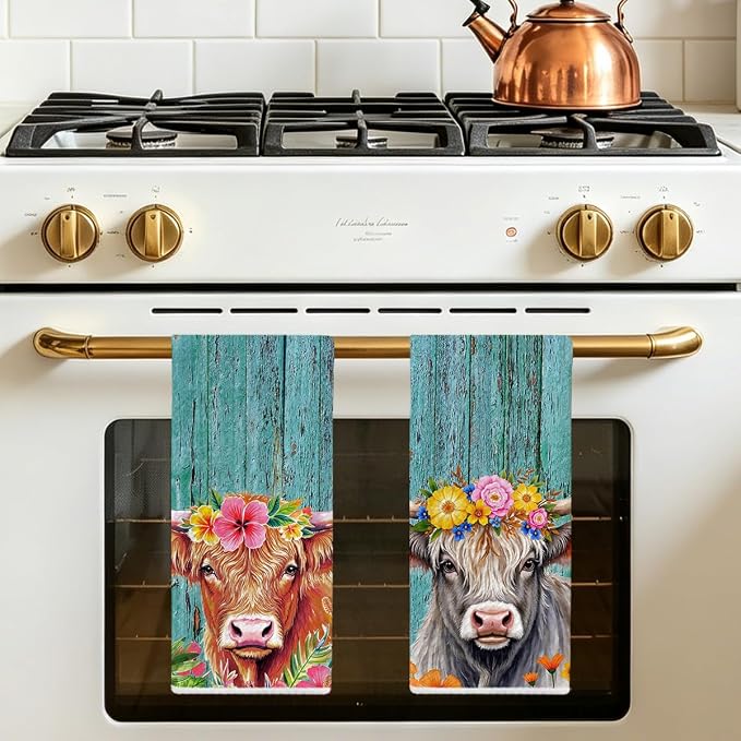 Jztco 2 Pcs Cow Kitchen Towels, Rustic Flower Soft Absorbent Hand Towels | Microfiber Dish Cloths for Drying Dishes, Waffle Dish Towels for Kitchen Bathroom Decor, Cow Gifts for Women