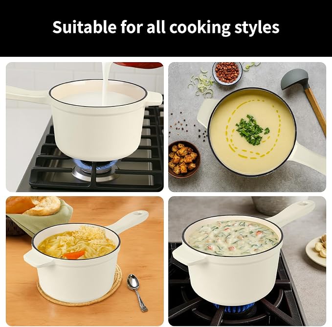 Enameled Cast Iron Sauce Pan with Lid, 1.7 Quart Saucepan with Lid, Small Dutch Oven Pot, Suitable for Small Portions of Soup, Sauces, Oatmeal, White