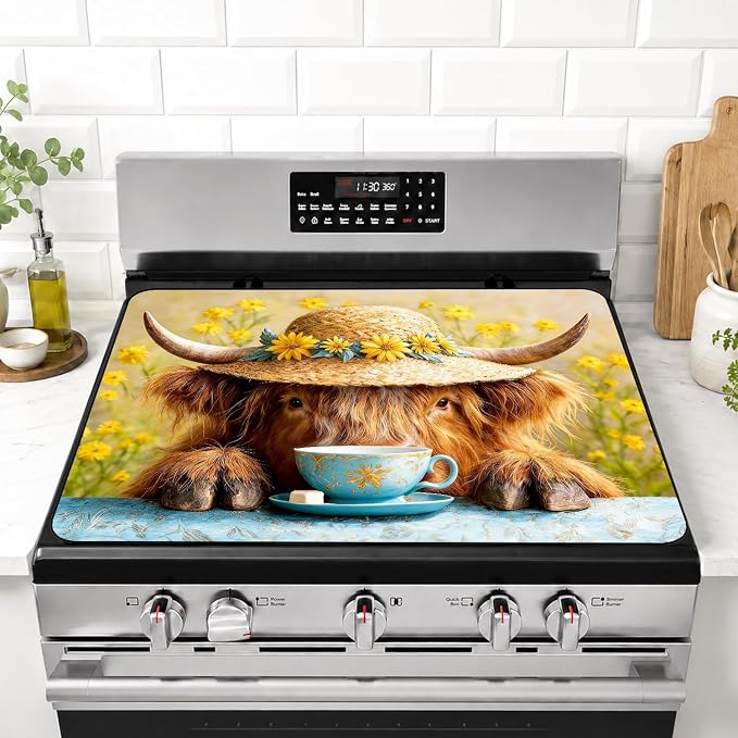 Highland Cow Stove Top Cover 28x20 Inch Farmhouse Electric Stove Cover | Heat Resistant Cooktop Protector Mat with Non-Slip Backing, Scratch Protection and Countertop Drying Mat.