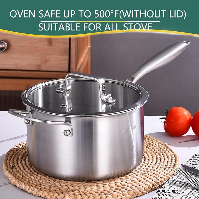 DELARLO Full-body Clad Tri-ply Stainless Steel 3.5 Quart Saucepan with Lid | Stainless Steel Pot Induction Cooking Sauce Pot Pan, Fast and Even Heat, Heavy Duty Saucier Cookware, PFOA&PTFE Free