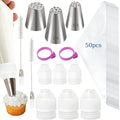 63pcs Grass Piping Tip and Bags Set, 2 Pastry Bag Ties, 2 Tips Cleaning Brush and 6 Pastry Couplers, Stainless Steel Grass Icing Tip for Cake Cupcakes Frosting Decoration DIY Baking Supplies