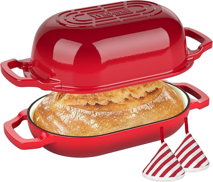 Wildone Enameled Cast Iron Dutch Oven Pot with Lid, Oval Bread Oven | Loaf Cast Iron Bread Pan for Homemade Bread Baking, Meatloaf Pan with Lid, 5.5QT, Red