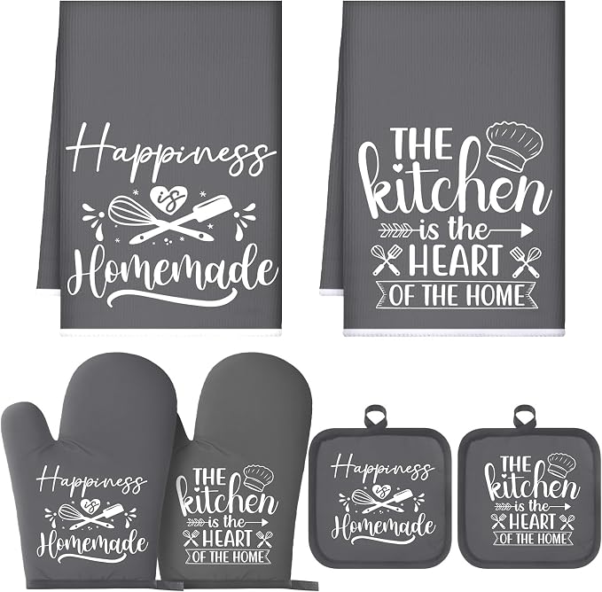 Sratte 6 Pcs Kitchen Decor Accessories Set, Kitchen, Dark Gray | Farmhouse Kitchen Towels Pot Holders Oven Mitts Set 2 Dish Towels 2 Potholders 2 Cooking Mittens for Baking Cooking Supply
